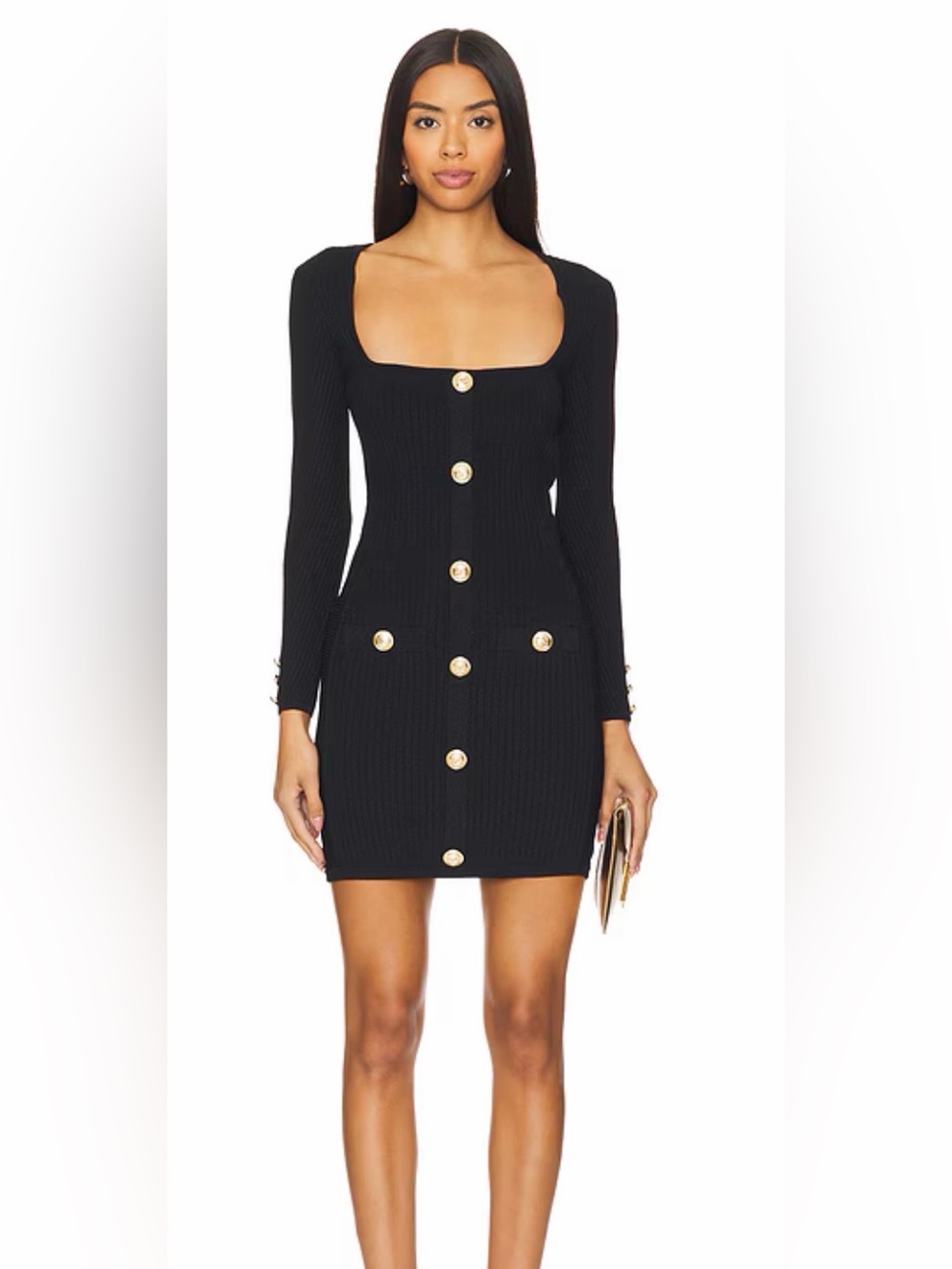 Retrofête Thea Metallic Black Rib Knit Mini Dress NWT Size Large Gold Buttons